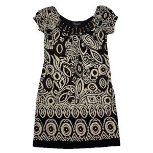 RB Collection Beaded Neckline Dress Womens Size 8 Black Brown Boho Shift
